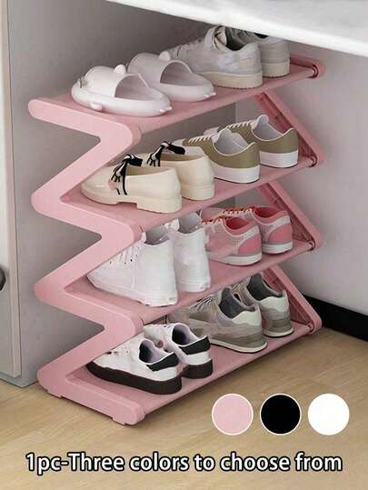 1pc 4-Tier Z-Shaped Shoe Rack, Plastic Freestanding Storage Shelf, Multi-Function High Capacity Storage Rack, Easy Assembly Floor Standing, No Tools Required, Stackable, Essential For Home & Dorm, Space Saving, Organizer For Shoes, Boots & Miscellaneous, Suitable For Hallway, Wardrobe, Living Room, Bedroom