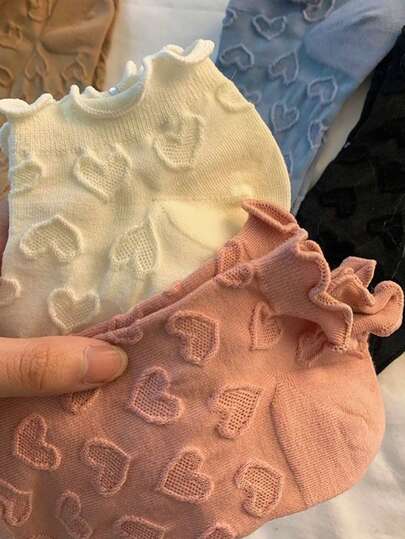 5双装女士短袜，心形图案设计，蕾丝细节，轻盈时尚夏季袜，荷叶边装饰