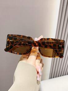 Leopard Print Rectangular Y2K Sunglasses, Plastic UV Protection Shades For Travel And Beach - Multicolor - View 4