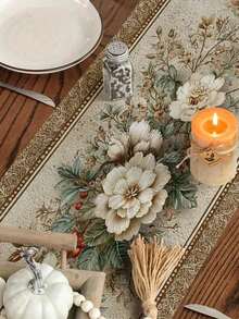 1pc European Floral Table Runner, Elegant Palace Style All-Season Tablecloth, With Classic Jacquard Print, Long Fresh Floral Pattern Polyester Tablecloth, Suitable For Festive Occasions And Living Room Decor (33x90/120/160/183/200cm) - Apricot - View 3