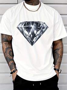 Camiseta de manga corta para hombre, estilo clásico, moda urbana, casual y moderna, con estampado de patrón de diamantes de cristal brillante, adecuada para uso diario casual y combinaciones de estilo urbano. - Blanco - Ver 7