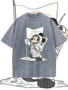 T-shirt d'été à manches courtes pour homme, motif astronaute Mickey Mouse de Disney, effet vieilli, coupe une pièce, pur coton, confortable et respirant, style streetwear décontracté, col rond ; une marque de mode de haute qualité, un cadeau surprise idéal pour la famille et les amis. - Gris - Voir 1