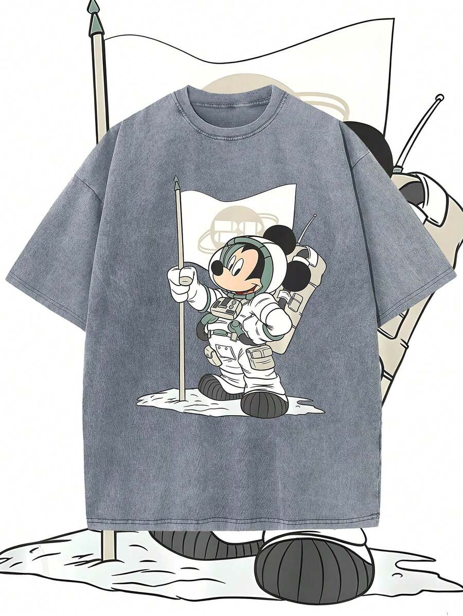 T-shirt d'été à manches courtes pour homme, motif astronaute Mickey Mouse de Disney, effet vieilli, coupe une pièce, pur coton, confortable et respirant, style streetwear décontracté, col rond ; une marque de mode de haute qualité, un cadeau surprise idéal pour la famille et les amis. - Gris - Voir 1