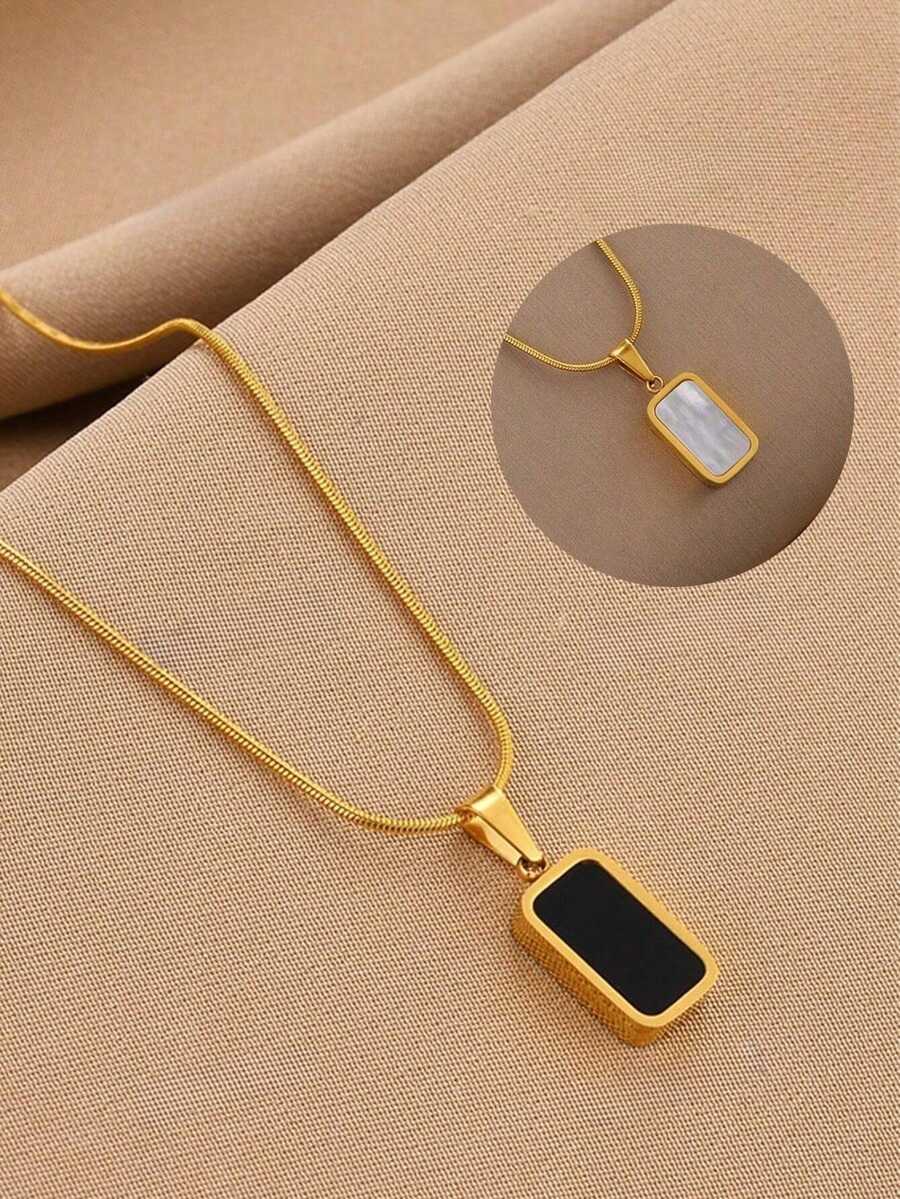 1pc Black & White Shell Double-Sided Pendant, Titanium Steel Minimalist Jewelry, Snake Bone Chain Necklace, Gold Plated Unisex - Gold - View 1