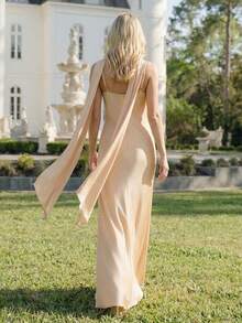 EVERPRETTY 新款优雅无肩带缎面伴娘礼服，系带腰身，香槟色高光泽，露背鱼尾裙摆设计，适合婚礼、节日派对、正式晚宴、生日聚会等春季场合。 - 香檳色 - 查看 4