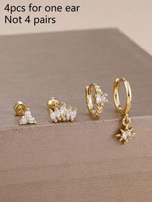 4件套精美时尚不锈钢皇冠锆石圆形耳环套装，女士18K镀金气质花朵耳钉耳钉穿刺饰品 - Gold-3# - 查看 6