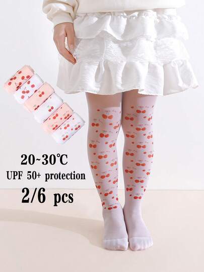 2/6-Pack Girls' Cherry Print Tights/Pantyhose, Ultra-Thin And Breathable Leggings For Spring And Summer.