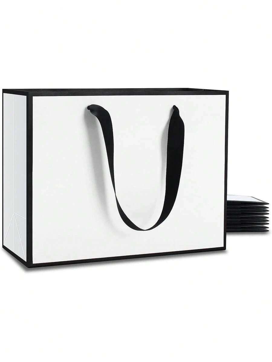 2/5/10个装黑白礼品袋，尺寸为10.63英寸 x 3.15英寸 x 8.27英寸，中号，黑白纸袋带提手，适用于婚礼、伴娘、生日派对用品 - 黑白 - 查看 1