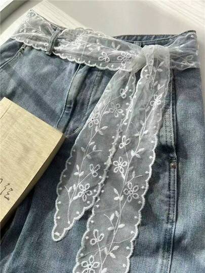 Women's Lace Belt, Multifunctional Denim Accessory, Can Be Used As Scarf Or Belt, Fashion Long Scarf Belt, Floral Lace Decorated Scarf, Lace Headband Neck Scarf, Lightweight Embroidered Lace Scarf, Elegant Lace Waist Decor, Women's Accessory