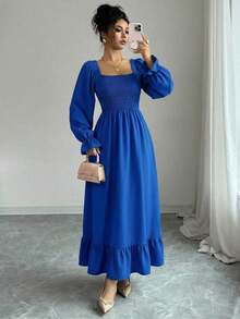Spring Fall Square Neck Smocked Dress Women's Long Sleeve Trumpet Hem Ruffle Trim A-Line Casual Elegant Midi Dress - 寶藍色 - 查看 5