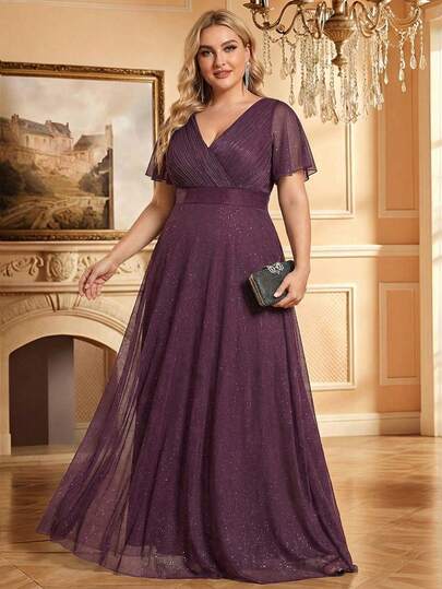 Elegant V-Neck Short Sleeve Long Purple Bridesmaid Dress, Party Dress For Spring/Summer Wedding Guest, Mother Of The Bride