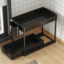 Pull-Out 2-Tier Sliding Storage Rack Under Sink, L-Shaped Bathroom Kitchen Cabinet Drawer Organizer, Multi-Function Sink Storage Rack, Suitable For Bathroom Kitchen Drawers, Space-Saving Organizer, Durable Large Capacity Drawer, Suitable For Kitchen And Bathroom Items, Mixed Color Plastic Material - Black - View 4