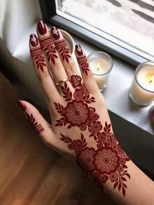 4pcs Moon & Flower Pattern Wine Red Nail Art Temporary Tattoo Stickers - Manhaiti Design Body Painting Tattoos For Party & Festival - Red - View 5