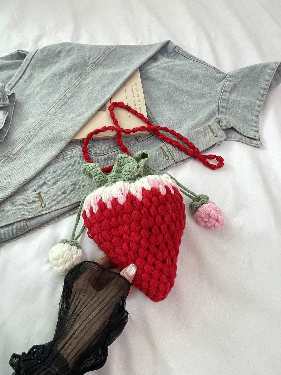 Bolso bandolera de fresa hecho a mano a ganchillo, monedero de moda personalizado - Rojo - Ver 1
