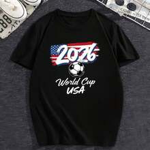 1pc- 2026 World Cup Distressed American Flag Soccer Tee - Breathable Lightweight T-Shirt - Soccer Ball  Graphic For World Cup Fans USA Events - 黑色 - 查看 1