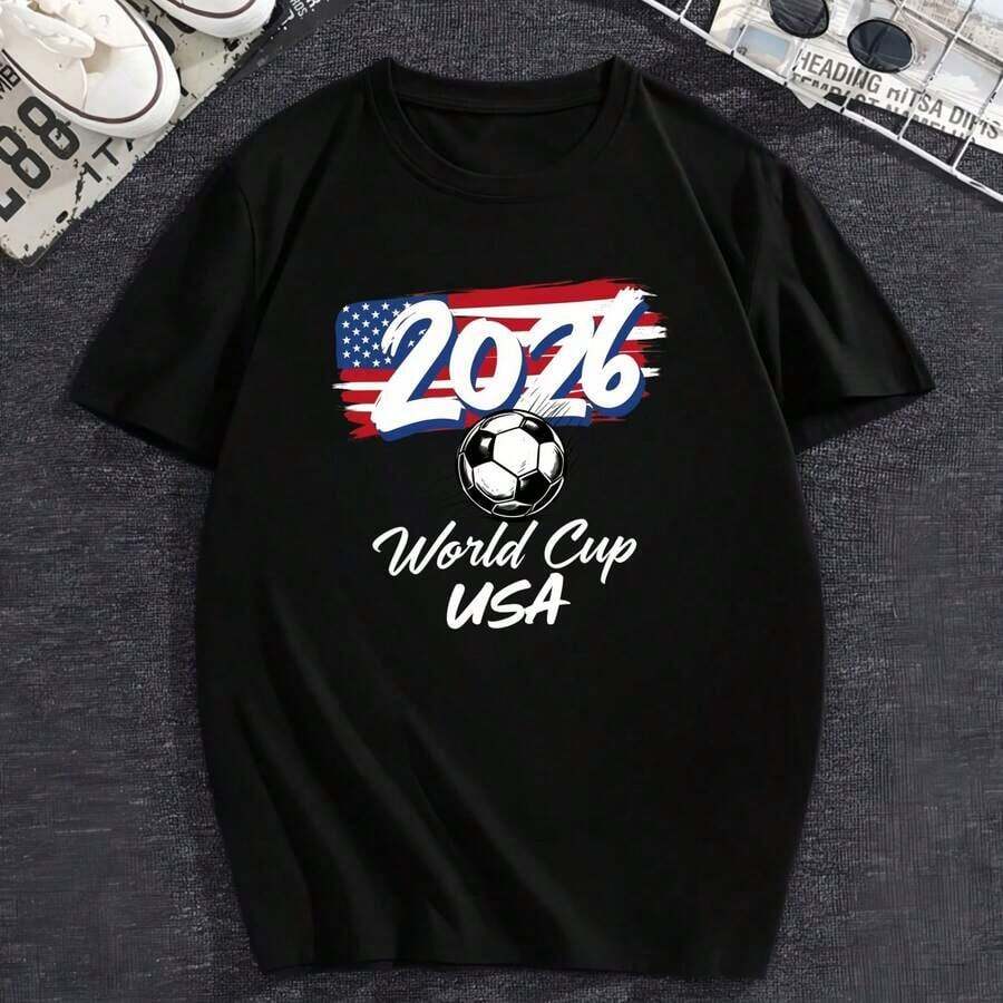 1pc- 2026 World Cup Distressed American Flag Soccer Tee - Breathable Lightweight T-Shirt - Soccer Ball Graphic For World Cup Fans USA Events - 黑色 - 查看 1