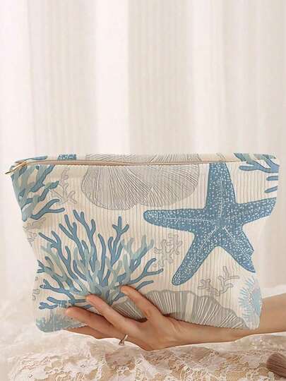 1pc Portable Seashell & Starfish Printed Double-Sided Zipper Makeup Bag, Multifunctional Travel Toiletry Storage Pouch,Fall Decor,Autumn Decor,Room Decor