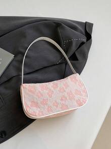 时尚链条单肩包、手提包、珍珠链条装饰女士腋下法棍包、花卉图案休闲托特包、小钱包、通勤包、手机包 - 粉色 - 查看 9