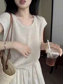Y6Y - Áo thun ngắn tay dệt kim khoét vai thiết kế độc đáo, áo hai dây nữ mùa hè kiểu dáng thường ngày. - Màu be - Xem 2