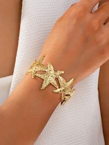 1/3pcs Beach Vacation Metal Geometric Starfish & Shell Bangle Bracelet, Versatile Jewelry Gift For Daily & Holiday Wear - Yellow Gold - View 3