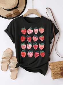 Women'S Strawberry Print T-Shirt - Loose Fit Round Neck Short Sleeve Top With Red & White Strawberry Pattern, Breathable Lightweight Fabric For Summer, Casual Everyday & Party Wear, Machine Washable Weekend Style Shirt, All-Season Comfortable Casual Outfit Essential, Strawberry Clothe, Beautiful Blouse For Women, Graphic Tee Women, Shirt For Women, Blouse For Women, Top For Women, Women Clothe, Summer Clothes For Women, Women' Tshirt - 白色 - 查看 6