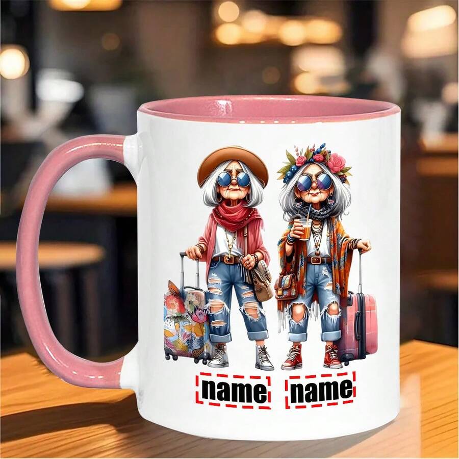 1 Personalized 11oz "Fashionable Elderly Sisters Dragging Luggage" Pattern Coffee Mug - Self-Defined Custom Name Travel Mug, 7 Color Options, Double-Sided Printed Ceramic Cup, Dishwasher And Microwave , Suitable For Hot And Cold Drinks - trắng - Xem 1