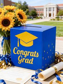 1 Set 2026 Graduation Decoration Props Gift Card Box, Graduation Party Giveaway Box, Graduation Cap Printed Envelope Card Box Suitable For 2026 Graduation Party Supplies, Message Box Graduation Scene Activity Raffle Box, Voting Box, Graduation Game Props, Congratulations Graduate Desktop Centerpiece, Graduation Season Party Decor - Blue - View 3