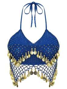 一件手工制作的女士露背吊带胸衣，饰有亮片珠串流苏系带，肚皮舞服装，露脐上衣，搭配亮片裙纱丽，灵感源自波西米亚风节日狂欢表演。适合节日、派对、夜店、海滩穿着，也可作为异域风情服饰装饰，展现波西米亚复古风情。 - 彩色 - 查看 13