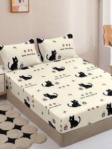 Cute Black Cat Print 3 PiecesBedding Set (1 Fitted Sheet + 2 Pillowcases, No Pillow Inserts), All-Season Use, Non-Slip Fitted Sheet - Multicolor - View 5
