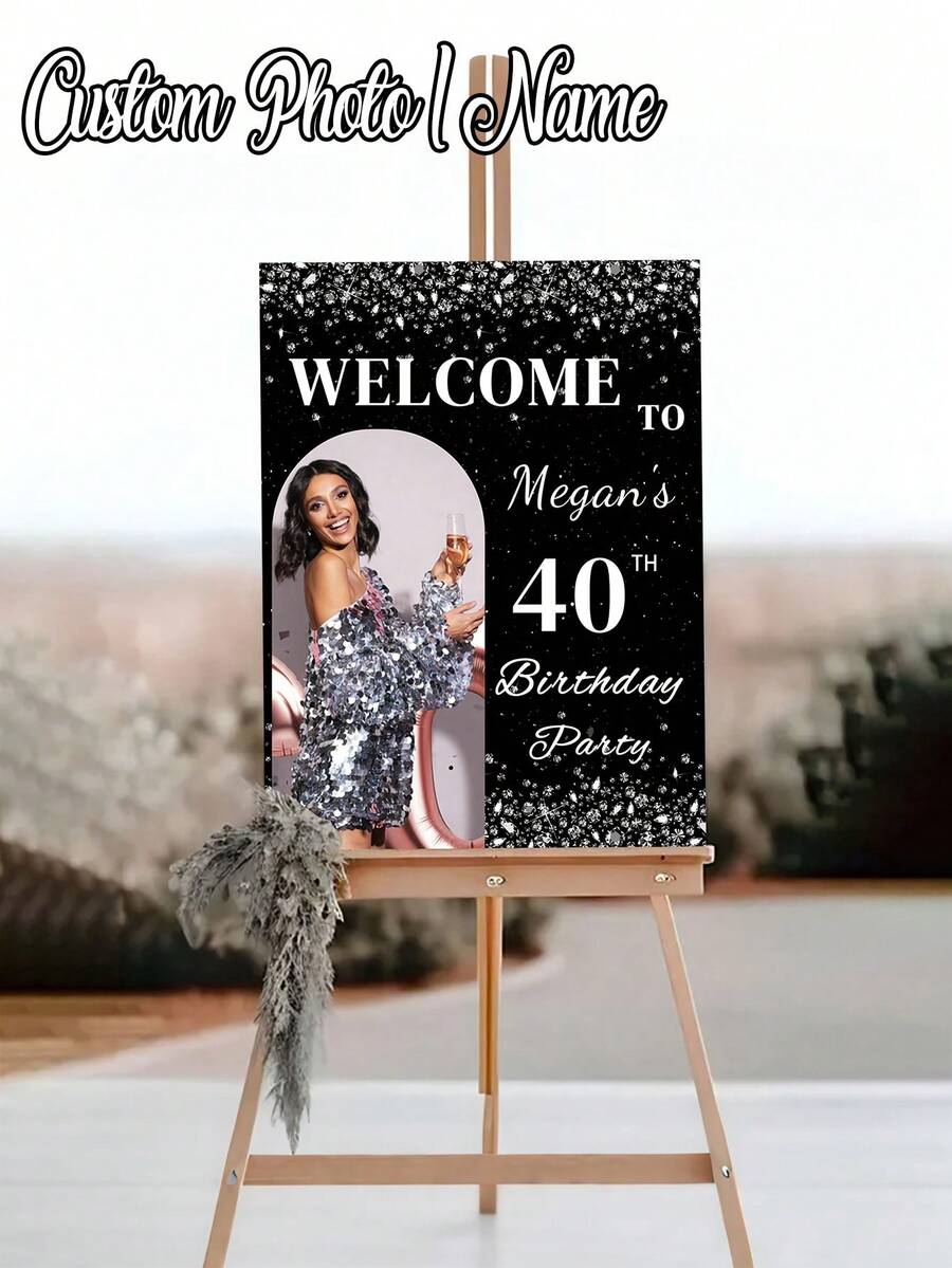 1pc Personalized Black & Gold Style Birthday Poster, Customized Birthday Welcome Sign With Photo, Frameless Canvas Poster - Suitable For Customizing Birthday Party Welcome Banner For Any Age Group, Black & Silver Personalized Birthday Party Decor, Includes Customized Photo, Age And Name - Multicolor - View 1