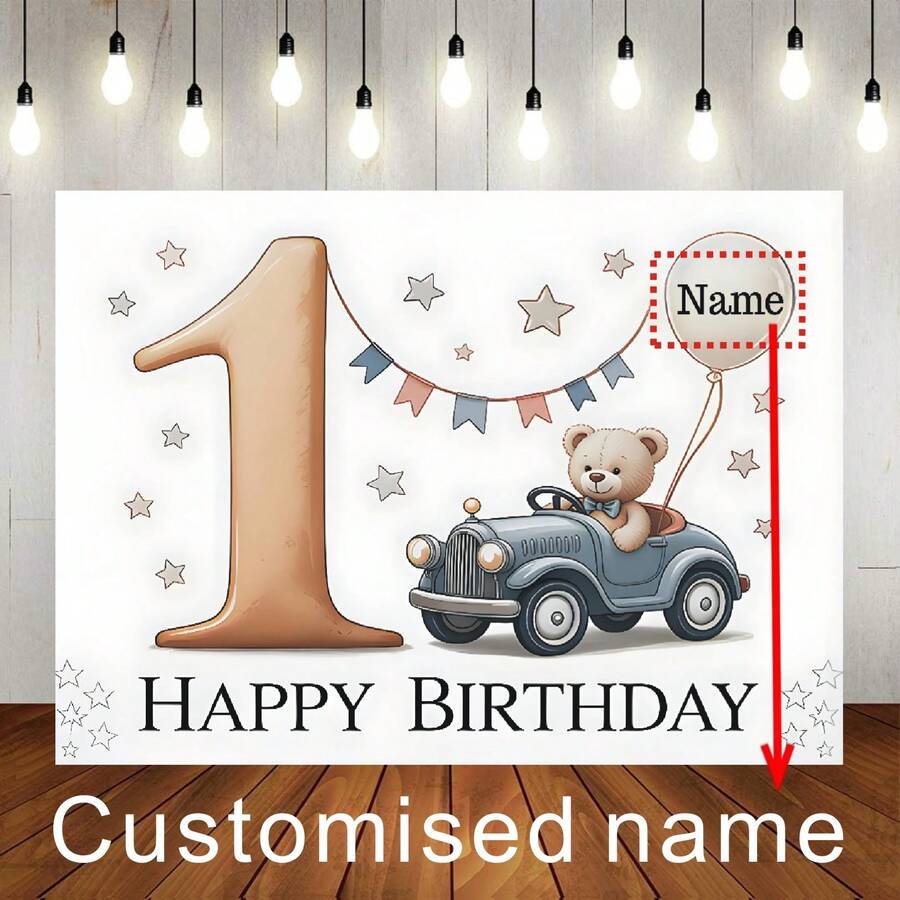 1pc Customizable Cute Teddy Bear Birthday Background Cloth, Cartoon Portrait Colorful Banner, Personalized Birthday Party Gift, Cake Table Backdrop, Photography Vinyl Banner - E - View 1