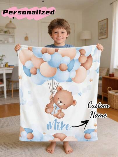 Custom Name Teddy Bear Balloon Nursery Blanket, Newborn Baby Boy Throw, Blue Baby Shower Gift