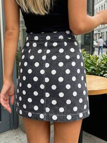 Women Denim Wrap Skirts Casual Summer Dot Print Mini Jeans Skirt For Beach Vacation Club Streetwear - 黑色 - 查看 2