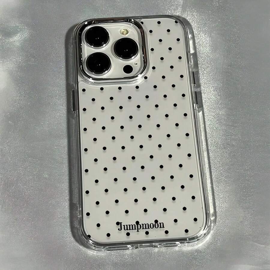 1pc Electroplated Button Metal Transparent Case With Lens Protection, Personalized Polka Dot & English Pattern Phone Case Compatible With IPhone 16 Pro Max, 17/16/15/14 Plus/13/12/11, Air, Applicable To Series