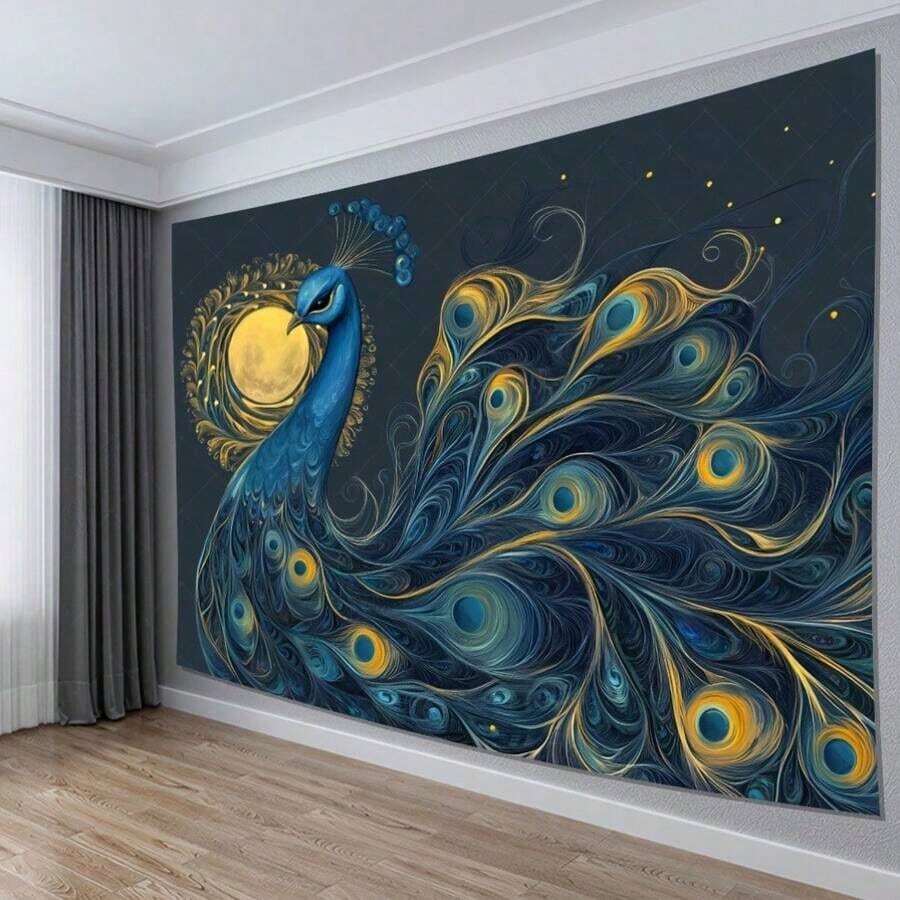 2D Flat 1 Piece Elegant Blue Peacock Background Cloth | Mobius Starry Canvas Poster, Dark Blue, Gold, And Turquoise No Electricity Needed Party Decoration, Wedding, Home, Office Wall Hanging Durable Polyester Fabric Indoor Use - 多色 - 查看 1