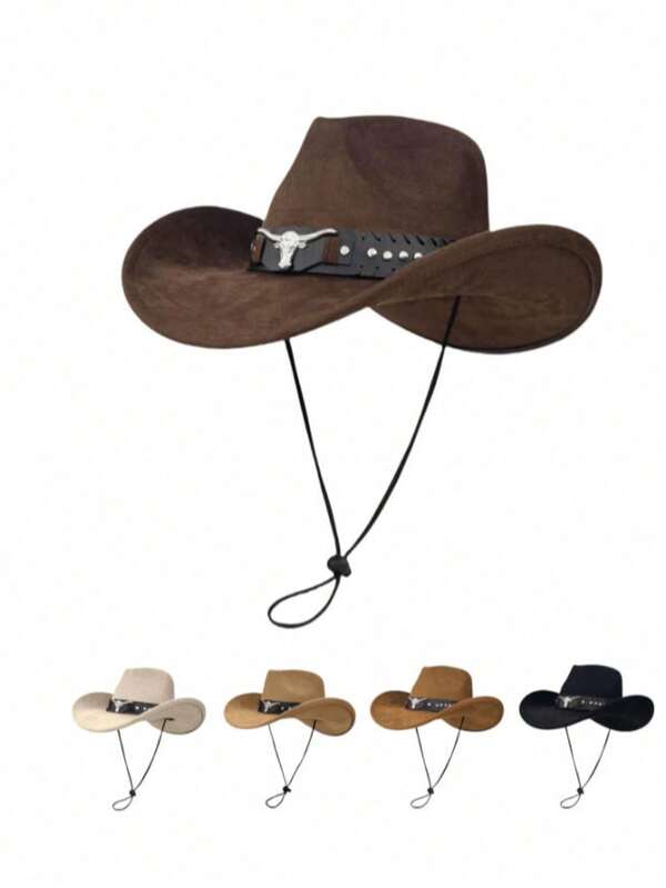 1pc Unisex Faux Suede Cowgirl Hat With Leather Decoration, New Vintage Cyberpunk Bohemian Style Adjustable Wide Brim Hat, Fashionable Street Style, Gift For Men, Suitable For Parties, Western Themed Events, Gatherings, Cosplay, Graduation, Masquerade, Festivals, Birthdays, Music Festivals, Hiking
