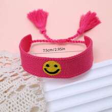 1pc Embroidered Smiling Face Handmade Braided Bohemian Style Adjustable Bracelet, Suitable For Friends, Family, Parties, Vacations, Concerts - Hot Pink - View 6