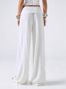 LYSMO 女士休闲纯色低腰阔腿裤 - 白色 - 查看 2