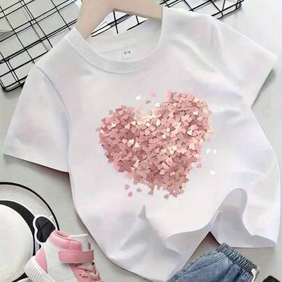 Camiseta infantil 100% Algodão - Estampa coração grande rosa lantejoula blusinha fofa para meninas