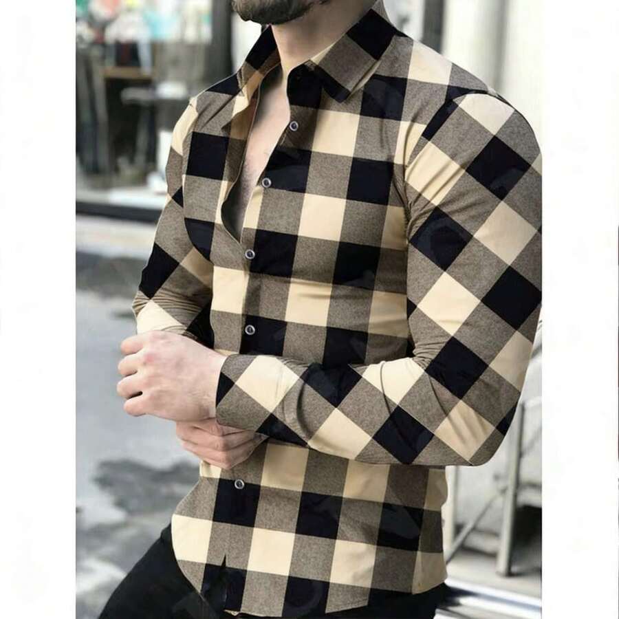 Men's Long-Sleeved Slim-Fit Flannel Plaid Shirt (No Pockets) - 棕黑 - 查看 1