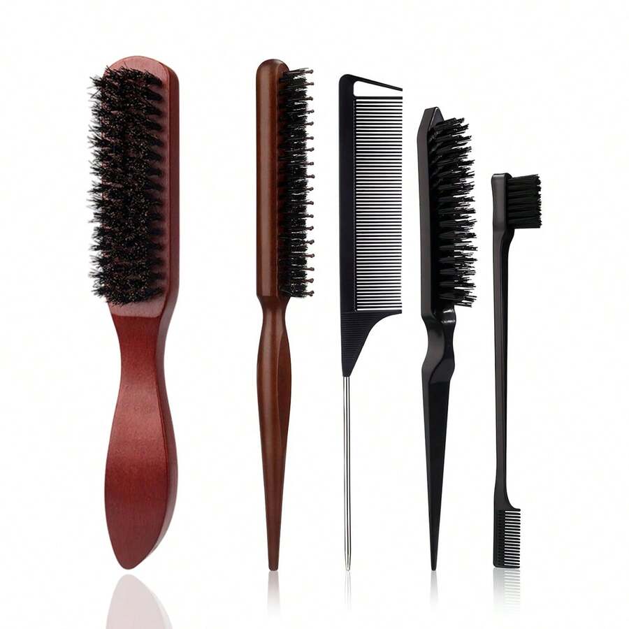 5pcs Hair Brush Set, Including Slicked Back Hair Brush, Edge Control Brush, Detangling Brush, For Natural Hair And Wigs Frizz Control And Smooth Distribution