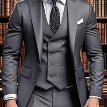 Men's Notch Lapel Suit Set Includes A Jacket, Vest, And Trousers. A Simple, Comfortable, And Classic Three-Piece Suit For Elite Business Attire, High-End Wedding Groomsmen, Interviews, Parties, Casual Events, Sports, And Holiday Gifts - 灰色 - 查看 1