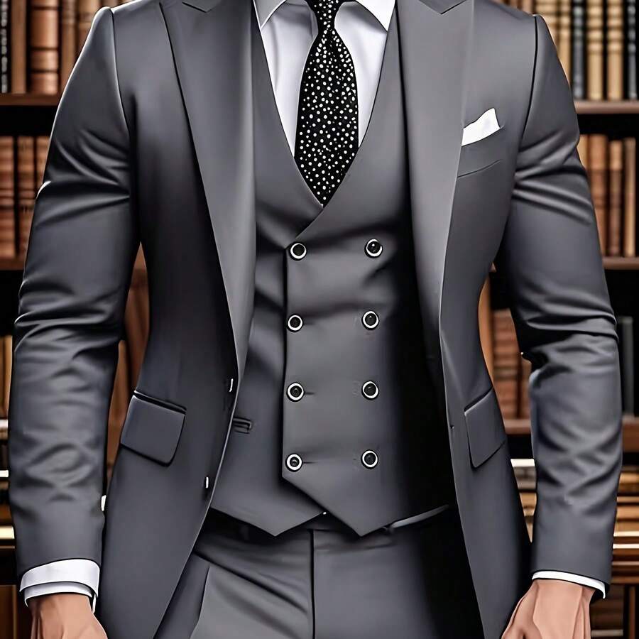 Men's Notch Lapel Suit Set Includes A Jacket, Vest, And Trousers. A Simple, Comfortable, And Classic Three-Piece Suit For Elite Business Attire, High-End Wedding Groomsmen, Interviews, Parties, Casual Events, Sports, And Holiday Gifts - 灰色 - 查看 1