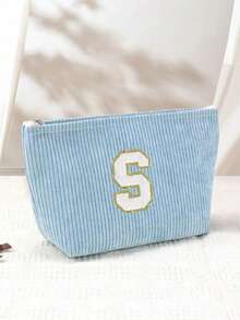 1件時尚極簡便攜化妝收納盒，適合女性、女孩，適用於旅行、居家與日常使用，大容量，白色刺繡字母 A-Z - 藍色 - 查看 5