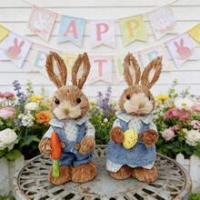 Easter Bunny Decoration Cute Straw Rabbit Figurines Table Centerpiece For Home Farmhouse Holiday Spring Party Tiered Tray Decor - 海軍藍色 - 查看 3
