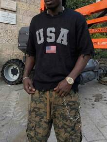 ANDREILEE 春夏男女通用休闲街头风百搭轻盈宽松美国国旗印花流苏做旧情侣约会派对圆领短袖针织衫，黑色毛衣 - 黑色 - 查看 3