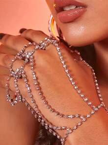 1件夜店性感流苏水晶链条手指手链，女士珠宝表演派对全钻手链 - 銀色 - 查看 1