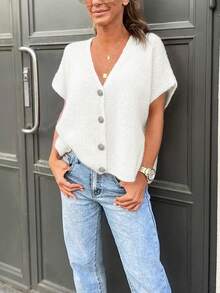 Áo vest dệt kim cổ chữ V trơn, cài nút bất đối xứng, dáng rộng, thanh lịch, thích hợp mặc hàng ngày bốn mùa, áo thời trang nữ, trang phục đi nghỉ mát, trang phục mùa hè cho nữ, màu trắng. - trắng - Xem 4