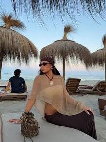 Áo khoác dệt kim dáng rộng, bất đối xứng vai EAVA dành cho nữ, thích hợp cho kỳ nghỉ xuân/hè, đi biển, dự tiệc, gợi cảm và tôn dáng. - màu nâu - Xem 8