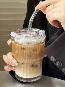 1pc Ins Style Striped Glass Coffee Cup With Lid And Straw, Portable Minimalist Design, Can Hold Water, Tea Or Coffee, Round Shape, 400ml Capacity - Multicolor - View 1